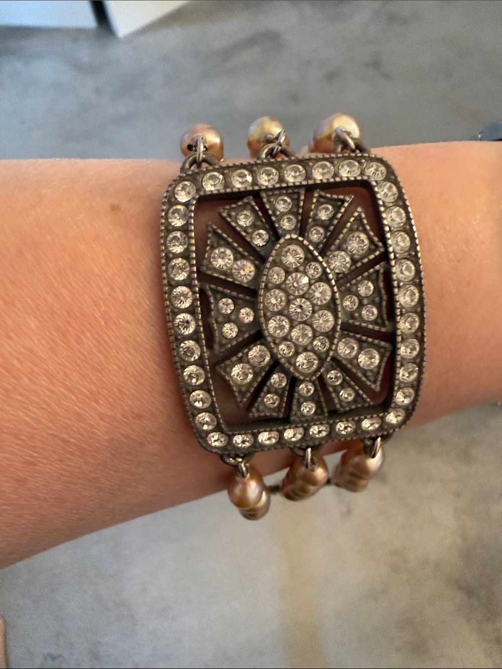 Haley Hill Triple-Strand Champagne Pearl Bracelet with Crystal Center